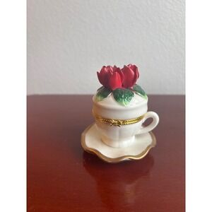 Porcelain Teacup Trinket Box Red Roses Ladybug Hinged Miniature Gold Trim